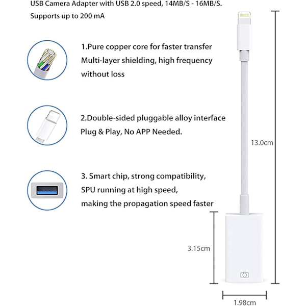 Apple Lightning til USB-kameraadapter USB 3.0 OTG-kabeladapter