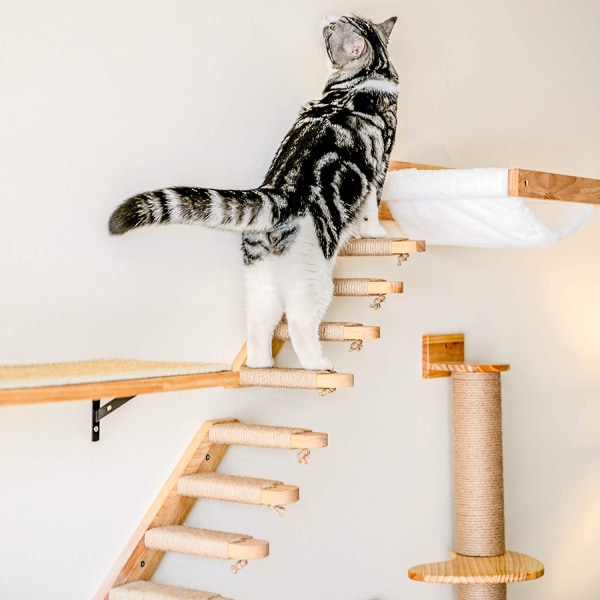Veggmontert klatrestativ for katter, 4-trinns klatre-stige med