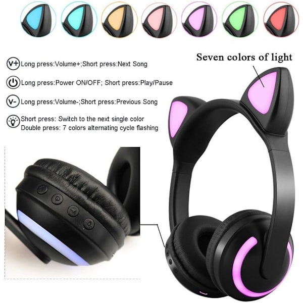 Trådlösa Bluetooth-hörlurar med kattöron och mikrofon, 7 färger LED-ljus