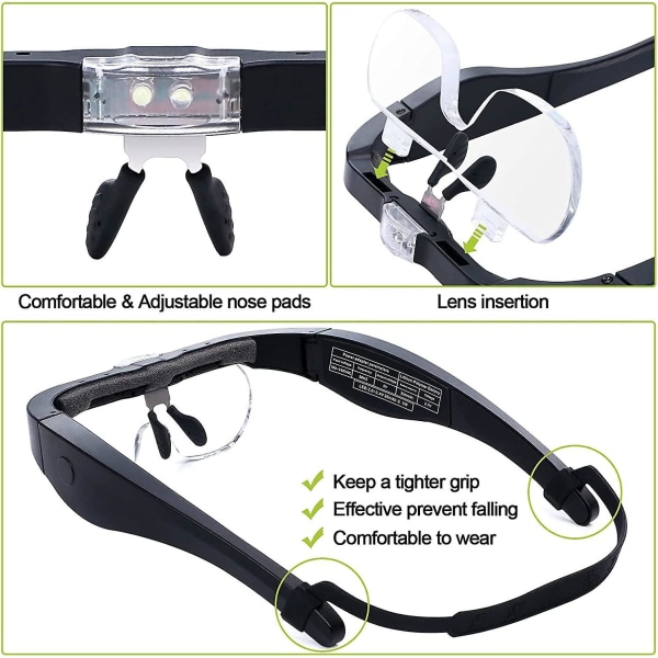 Uppladdningsbart förstoringsglas med LED-ljus handsfree för läsning 1,5 x 2,5 x 3,5 x 5 utbytbara linser för närarbete, smycken, hantverk