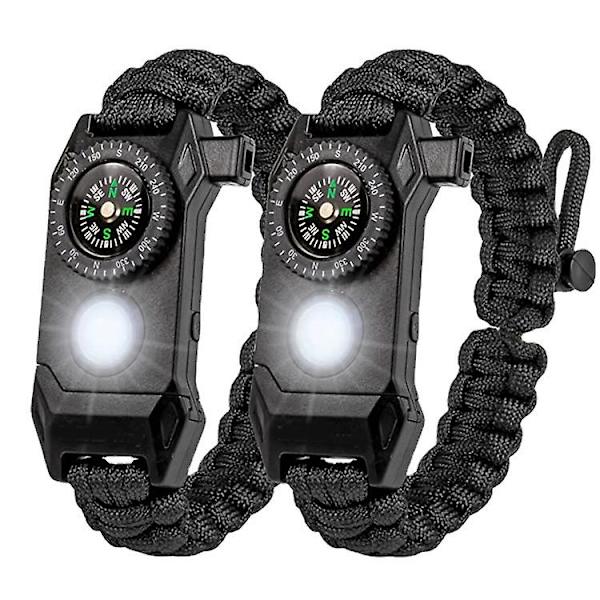 2 stk. Survival Paracord Armbånd - Taktisk Nødutstyrsett Med Sos Led Lys, Justerbar, Multiverktøy, Fyrtøy, Kompass Og Fløyte