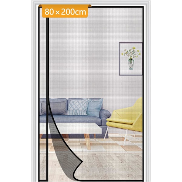 Myggenet Gardin med Magnetisk Lukning 80x200cm Vendbar med Venstre og Højre Side Åbning Anti-insekt Net Sort