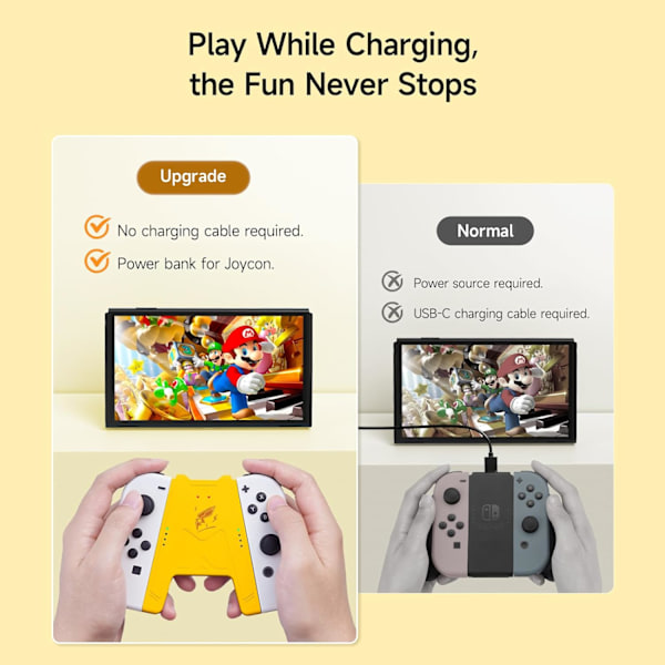 Switch Joy-Con -latauskahva 1200 mAh:n akulla - Kannettava latausratkaisu yhteensopiva Nintendo Switch -ohjaimen JoyConien kanssa, 1 m:n USB-C-latauskaapeli, keltainen