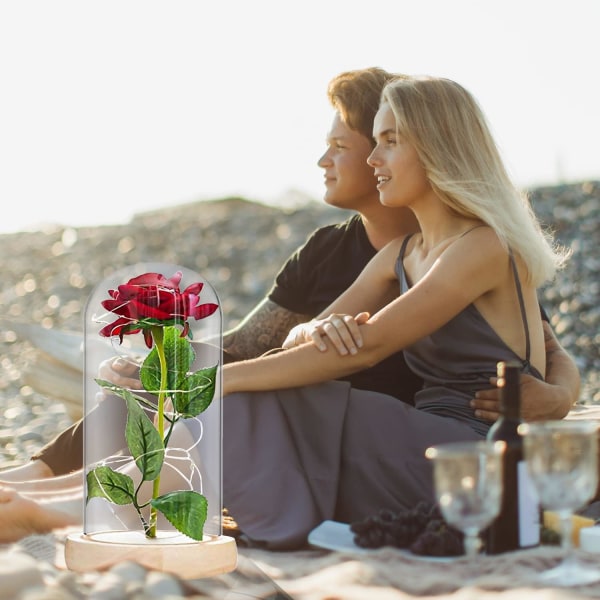 Skjønnheten og udyret rose, evigvarende blomster i glasskuppel med LED-lyslist, valentinsdag, jubileum, morsdag, hjemmekontor dekorasjoner