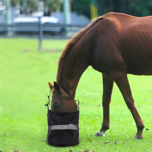 1 black horse feed bag, horse feed bag, adjustable feed bag,