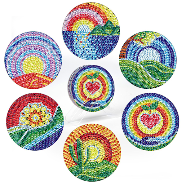 6 kpl DIY Timanttimaalaus Lasinaluset - Mandala-kuvio 1#, Lasinalussarja pidikkeellä ja työkaluilla, Timanttimaalaus C
