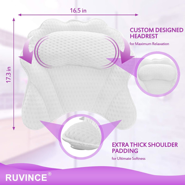 Lyxig Ergonomisk Badkudde med Stöd för Huvud, Nacke, Axel och Rygg, 4D Badkudde med 6 Kraftfulla Sugkoppar