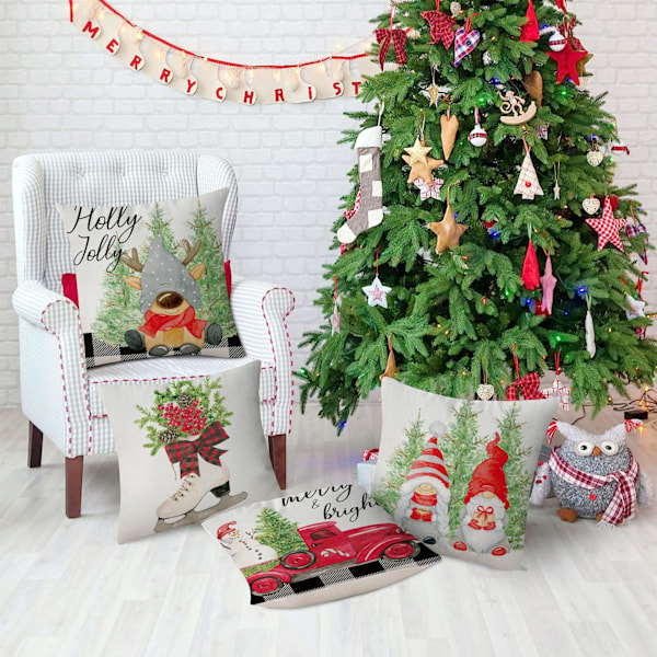 Set med 4 julkuddfodral, Ansiktslös tomte, Trädgårdsdekoration, God Jul Bomull Linne Kuddfodral, 45 x 4