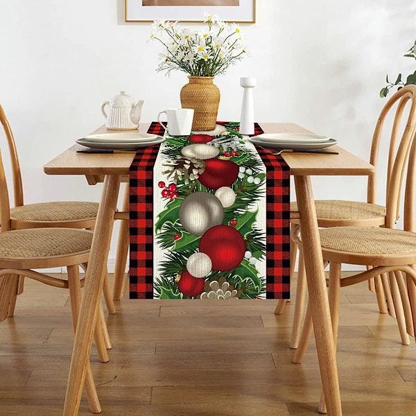 Rød og Sort Buffalo Plaid Juledug i Hør, 183 cm Lang, Sæsonbestemt Vinter Juleferie Bondehusstil