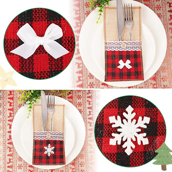 12-pak Julebestikposer - Rød og Sort Plaid Linned, Køkkenbestikholder, Julebestikposer, Hjemmebord