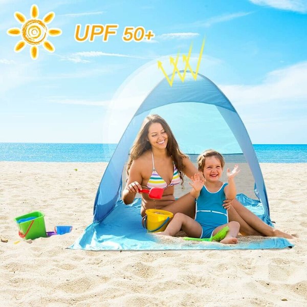 Sininen (145*165*110CM) Pop-up Rantateltta UV-suoja UPF 50+, Vedenpitävät Aurinkosuojat Perheille, Retkeilyyn, Kalastukseen,