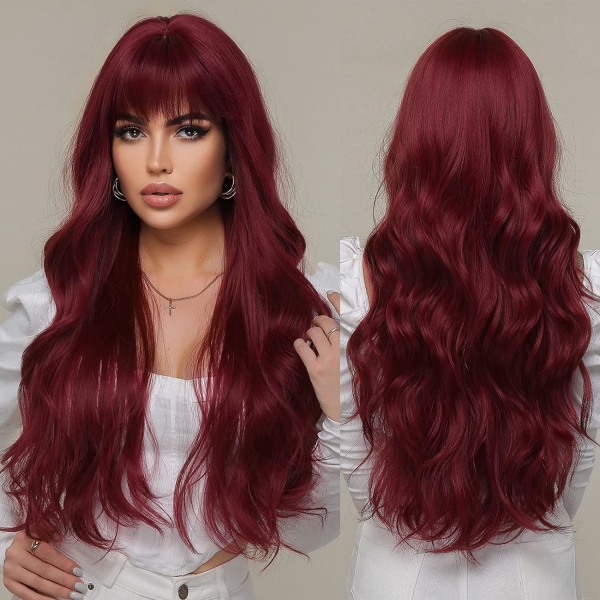 Röd lång lockig vinröd peruk för kvinnor med syntetfransar