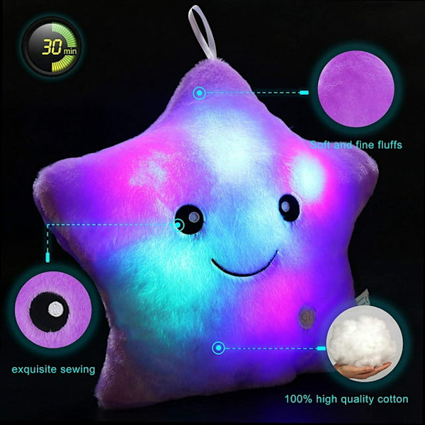 Kreativ Twinkle Glowing Stars Form Plys Throw Pillow, LED Natlys Pude Hynder Fyldte Legetøj Gaver til Børn, Jul (Lilla)