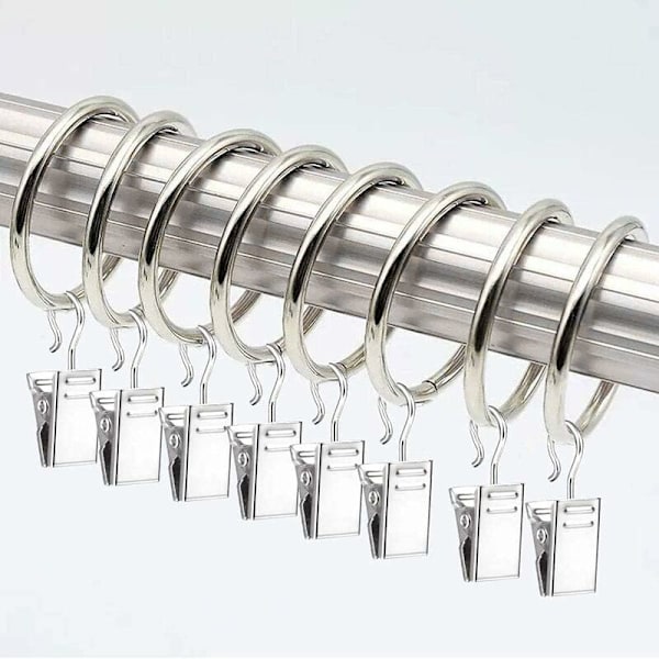 40 Stycken Gardinringar med Clips (Silver) 25MM, Persiennringar med Clips, Rostfria Metallgardinringar med Clips