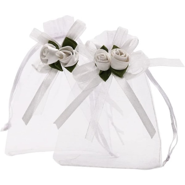 50pcs White Rose Organza Gift Bags,4x4 7/10 inch Wedding Favor Gift Bags, Jewelry Pouches with Drawstring for Party Wedding Christmas (4x4.7inch, Whit