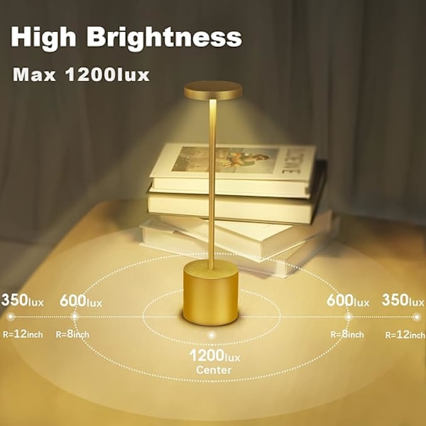 Gull, Oppladbar Trådløs Bordlampe, 3600mAh LED Skrivebordslampe Metalldesign USB-Lading, 3 Fargemoduser, for Nattbord