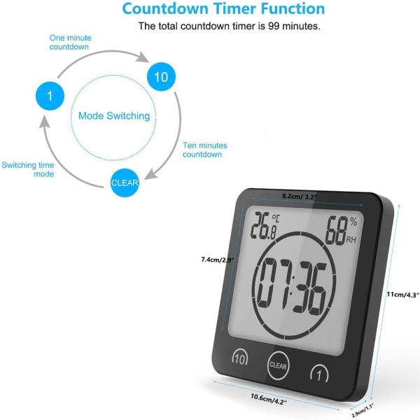 Badeværelsesur, Vandtæt Touch Control Brusebadsur, LCD Digital