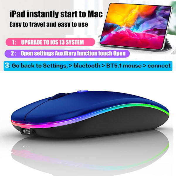 Oppladbar Bluetooth trådløs mus for iPad Pro iPad Air MacB