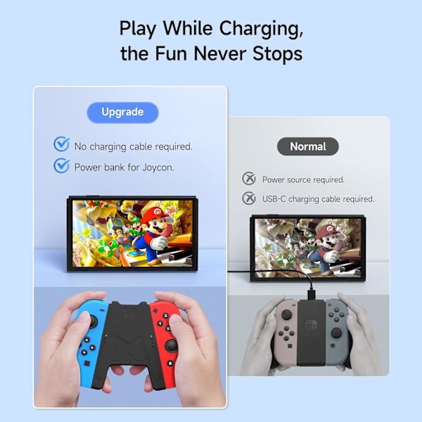 Switch Joy-Con laddningsgrepp med 1200mAh batteri - Bärbar laddningslösning kompatibel med Nintendo Switch Controller JoyCons, 1M USB-C laddningskabel, Svart