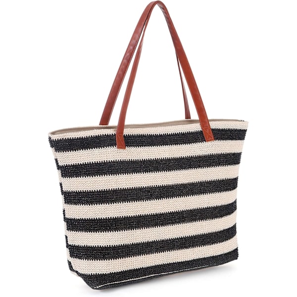 Strandtasker Stor XXL Familie med Lynlås - Flettet Halmbag, Skuldertaske, Raffia Indkøbspose, Vandtæt Taske til Strandtaske, Svømmetaske, Kvinder og Mænd