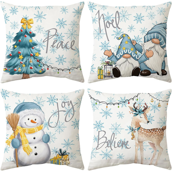 Set med 4 julblå kollektion kuddfodral - 45 x 45 cm Dekorativa örngott i bomull och linne för jul
