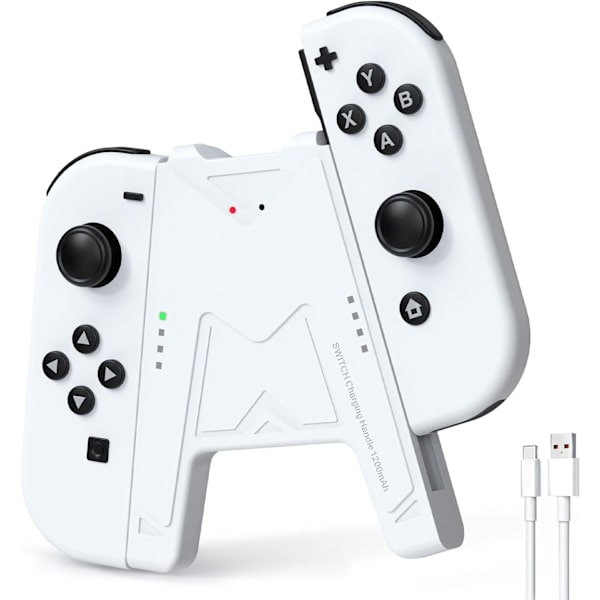 Switch Joy-Con laddningsgrepp med 1200mAh batteri - bärbar laddningslösning kompatibel med Nintendo Switch Controller JoyCons, 1M USB-C laddningskabel, vit