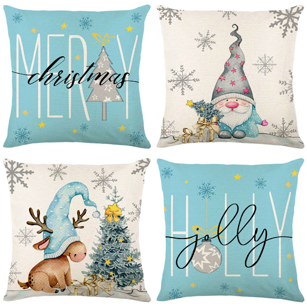 Set med 4 Julkuddfodral, Blå och Beige, Trädgårdsdekoration, God Jul Bomull Linne Kuddfodral, 45 x 45