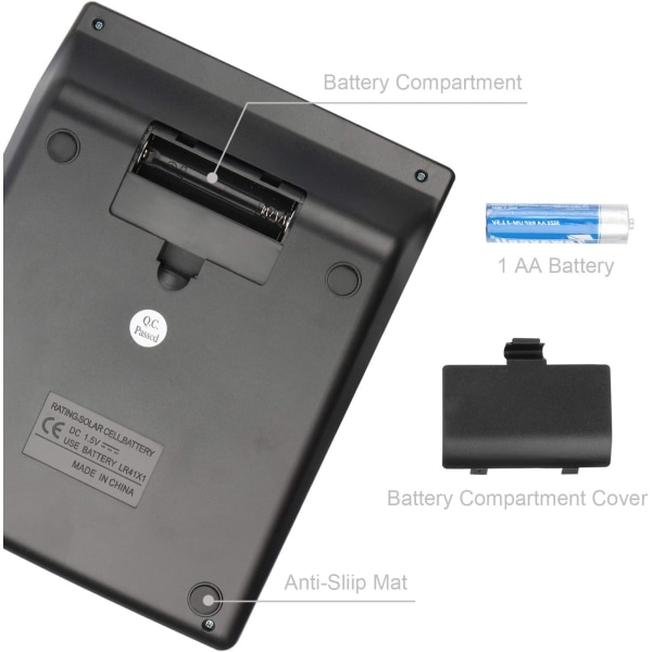 Stor kalkulator med sol- og batteridrift, 12-sifret display