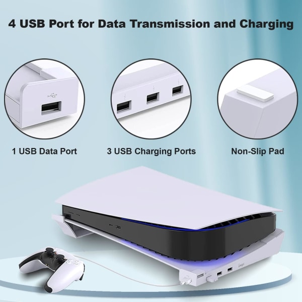 Horisontal stander til PS5, PS5 tilbehør basestander med 4 USB