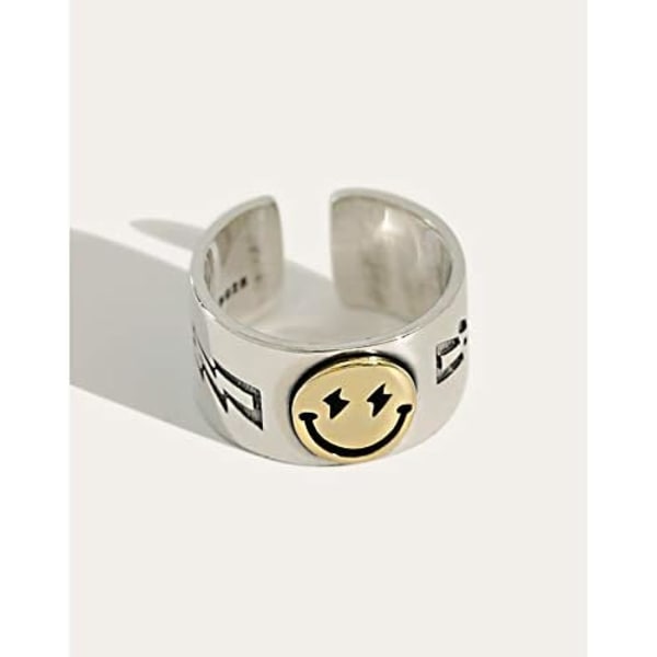 Smiley Face Ring i Sølv, Åpen Ring Justerbar Bredde, Smile Ring