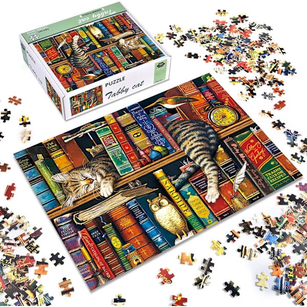 1000 brikker puslespill for voksne, klassiske puslespill, ferdighetsspill for hele familien, bibliotekkatt.