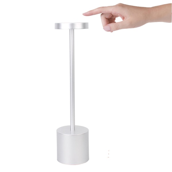 Hopeanvärinen, ladattava langaton pöytävalaisin, 3600mAh LED-pöytälamppu metallirakenteella, USB-lataus, 3 väritilaa, sängynviereen