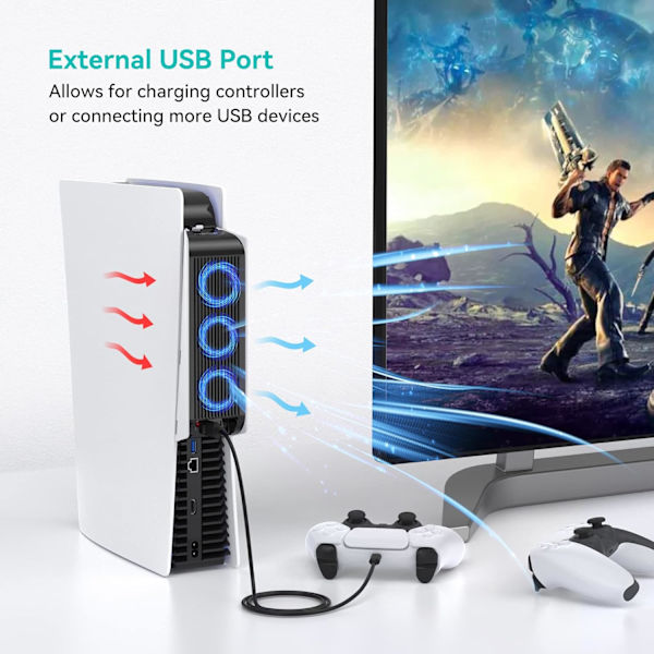 Jäähdytystuuletin LED-valolla, parannettu hiljainen 3 tuulettimella ja ohjaimella USB-liitännällä Disc/Digital Editionille, sopii PS5-telineeseen ja lisävarusteisiin (valkoinen)