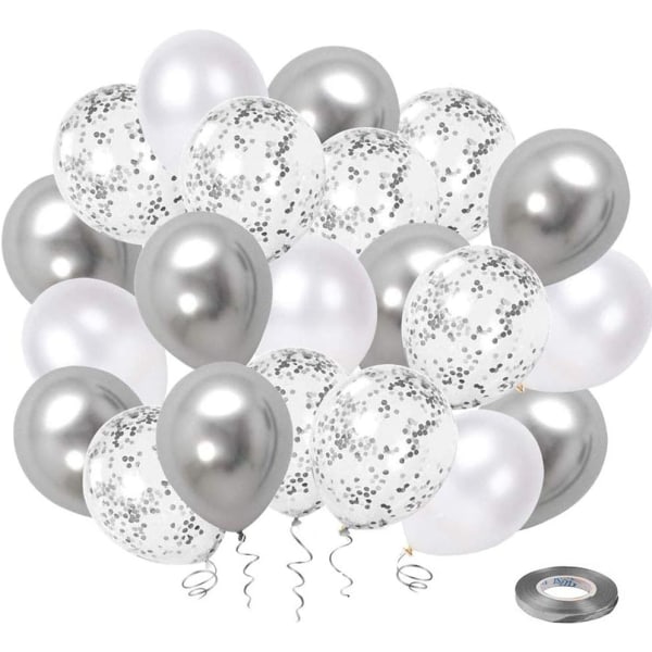 Sølv og hvide balloner, hvid sølv konfetti metallisk