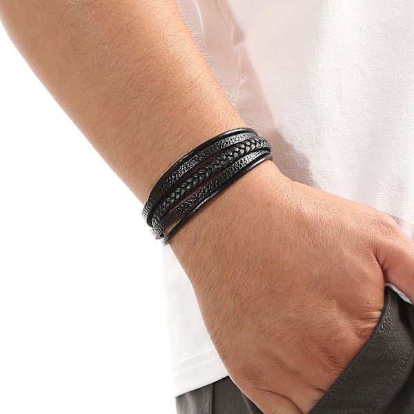 Läderarmband för män med spänne, kohud, flerskiktigt flätat läderarmband för män