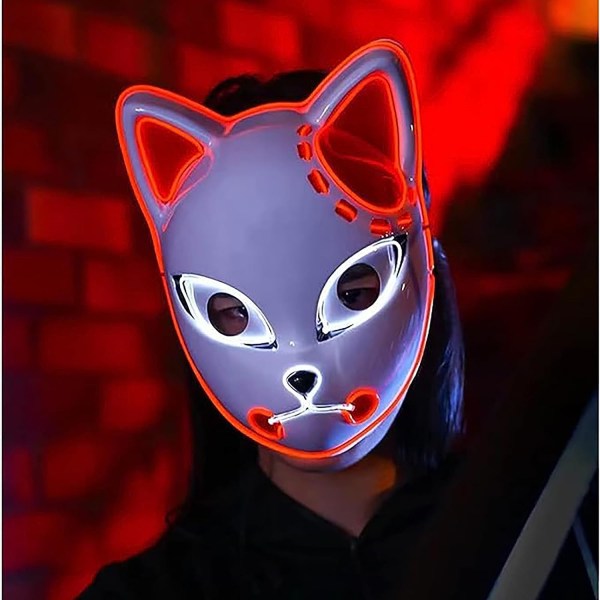 SINSEN Demon Slayer Fox Mask LED Cosplay Kattmask Japansk anime Halloween kostym rekvisita för barn Vuxna Red