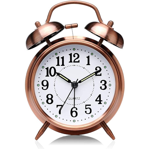 Bordsväckarklocka Vintage Look Dubbel Klocka med Natt LED-Display och Högt Ljud Alarm Röstklockor för Student Barn Sovrum (Koppar)