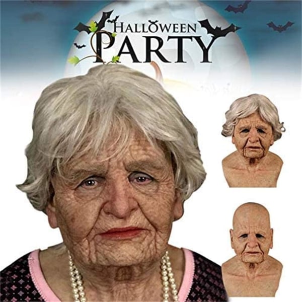 Halloween Gubbmask, Den äldre Gubben Huvudbonader Realistisk Silikonmaskerad Helhuvud Knepig rekvisita Old Woman