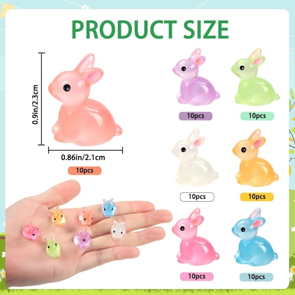 70 st Påsk Självlysande Mini Resin Kanin 7 Färger Liten Självlysande Kaninfigurer för Dockhus Mikro Fe Trädgård Dekor Påskägg