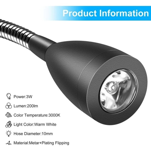 2Pack sänglampa, LED-läslampor Svanhalslampa 3W, 3000K varmvit läslampa (svart)