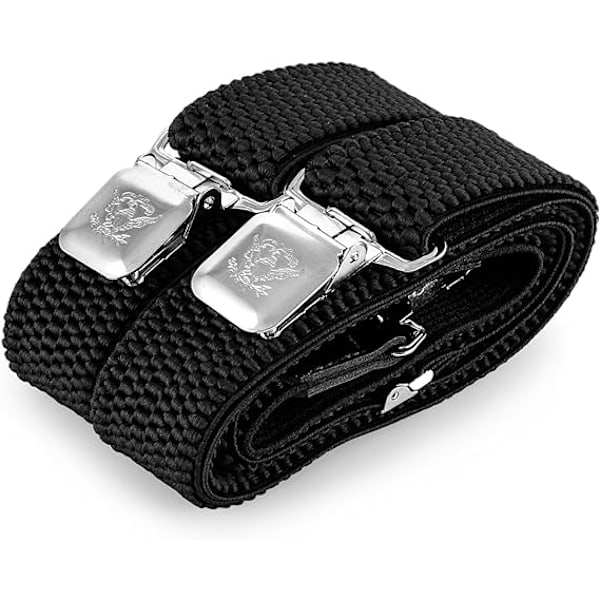 Henkselit erittäin vahvoilla metalliklipsillä, 4 cm leveät, Heavy Duty -henkselit, yksi koko sopii kaikille miehille ja naisille, säädettävät ja joustavat X-muotoiset (musta)