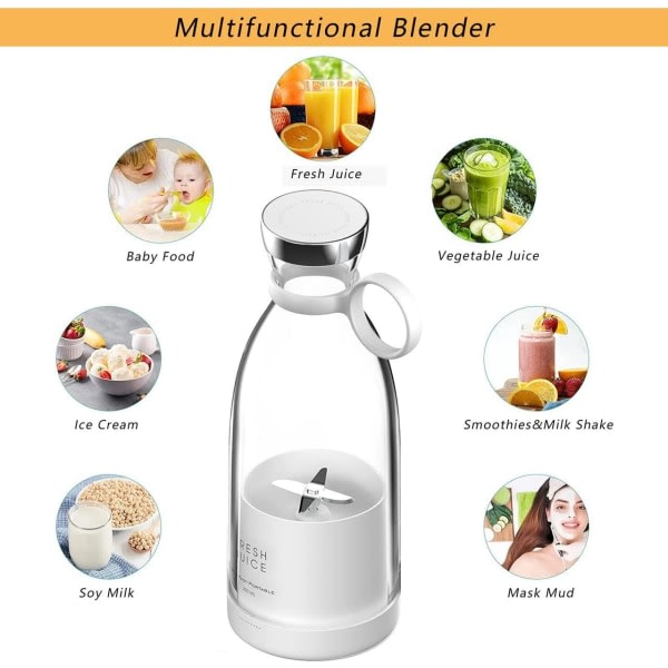 Bærbar Power Blender - Batteridrevet Smoothie Mixer USB 350ml Vit