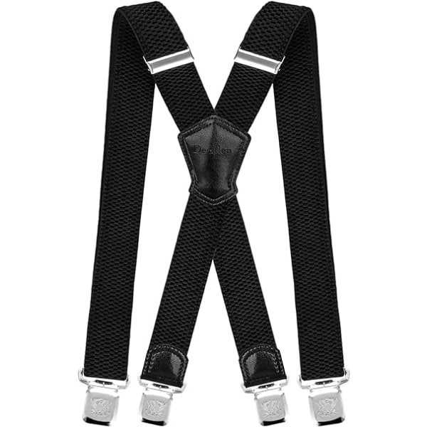 Henkselit erittäin vahvoilla metalliklipsillä, 4 cm leveät raskaat henkselit, One Size Fits All, miehille ja naisille, säädettävät ja joustavat X-muotoiset (musta)