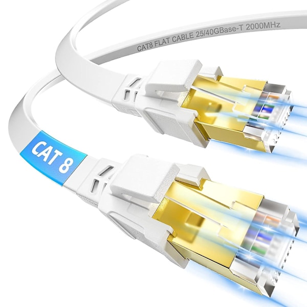 Cat 8 Ethernet Kabel 5m, Højhastighedsfladt Internetkabel 40gbps 2000mhz Ftp Afskærmet Rj45 Gigabit 5 Meter Indendørs Netværkskabel, Hvid