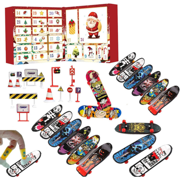 Leksaksadventskalender 2023, miniskateboards för barnfingrar, 24 dagars jul-adventskalender med färgglad mini-greppbräda
