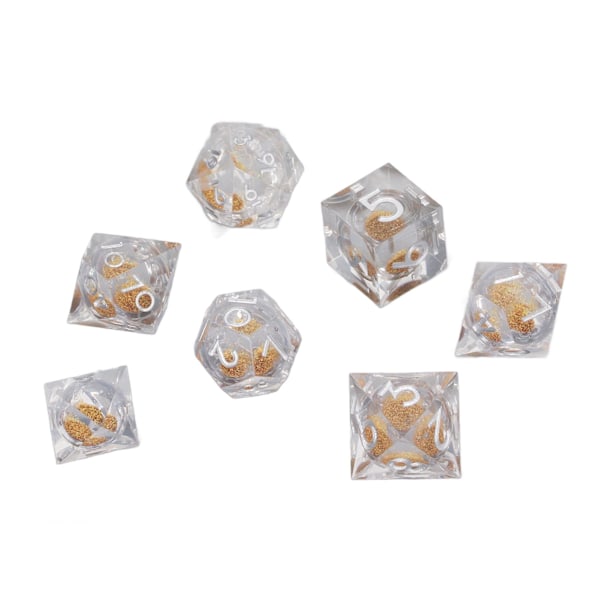 7 stk. Resin Terning med Skarpe Kanter Transparent Polyhedral Flydende Kviksand Rollespil Nummer Terning Guld Kviksand