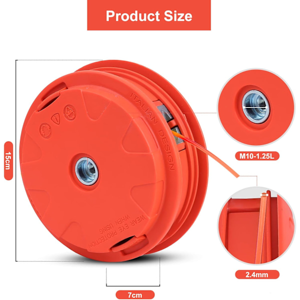 Universaali M10 x 1,25 ruohonleikkurin pääkela 2,4 mm x 15 m nylonlangalla