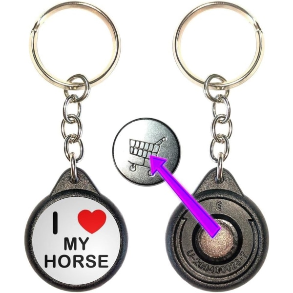 I Love Heart My Horse - rund svart plast 1 £/1 € shoppingnyckelring, Svart, en storlek