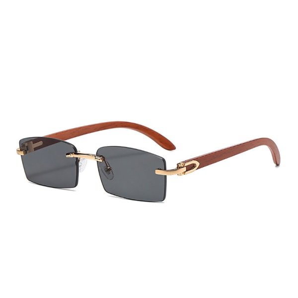 Slim Rimless Rectangular Sunglasses Metal Woodgrain Frames