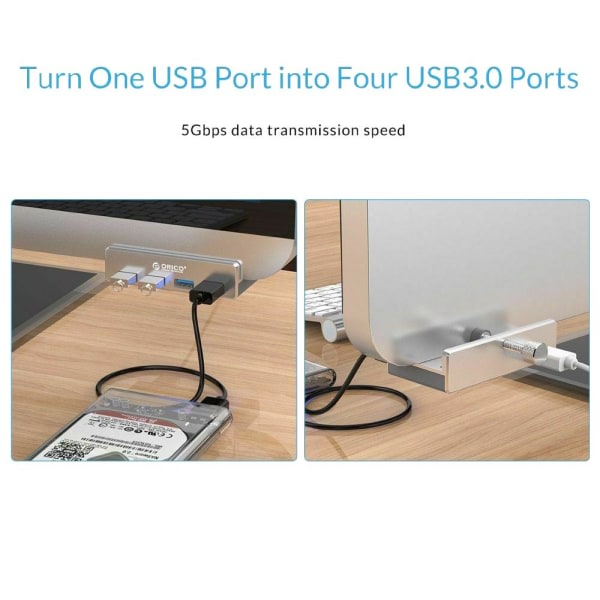 USB-Hub med Suvfäste och 4 Portar Silver